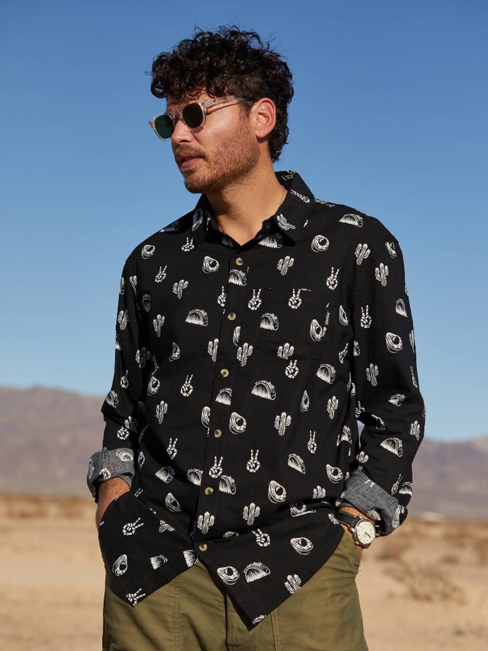 No Problemo Long Sleeve Button Up Mens Taco Cactus Avocado Shirt